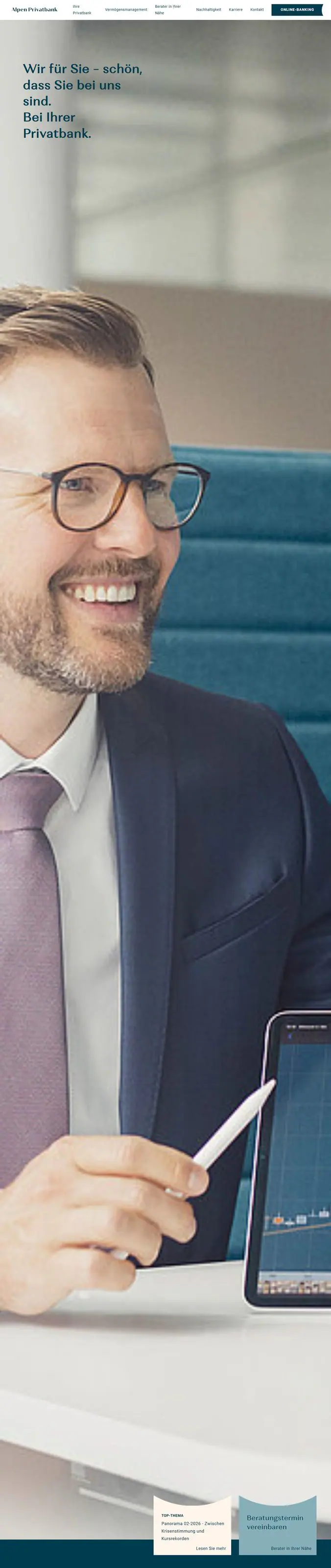 Scrollende Website-Ansicht aus der Zusammenarbeit mit Alpen Privatbank