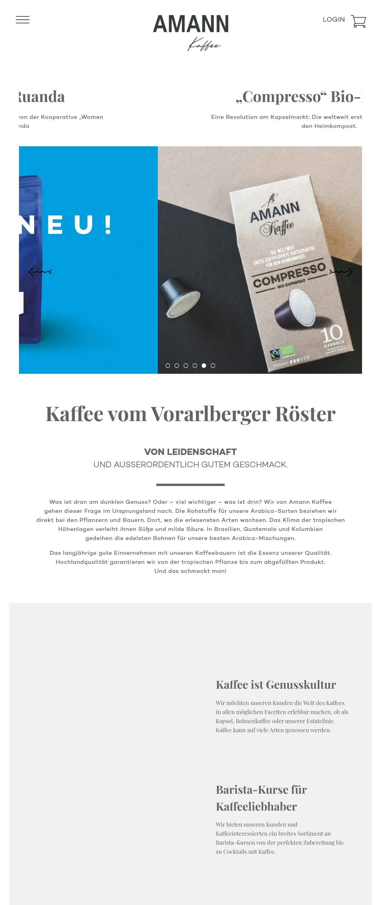 Scrollende Website-Ansicht aus der Zusammenarbeit mit Amann Kaffee