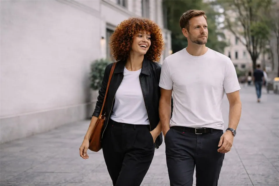 Frau und Mann in Kleidung von BREDDY'S im urbanen Alltag