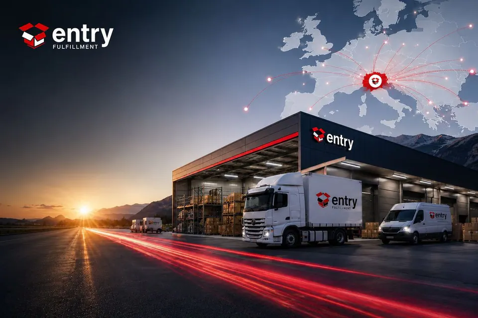 Entry Fulfillment-Logistikzentrum mit Transportfahrzeugen